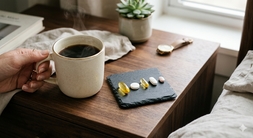 따뜻한 커피와 영양제 사진.